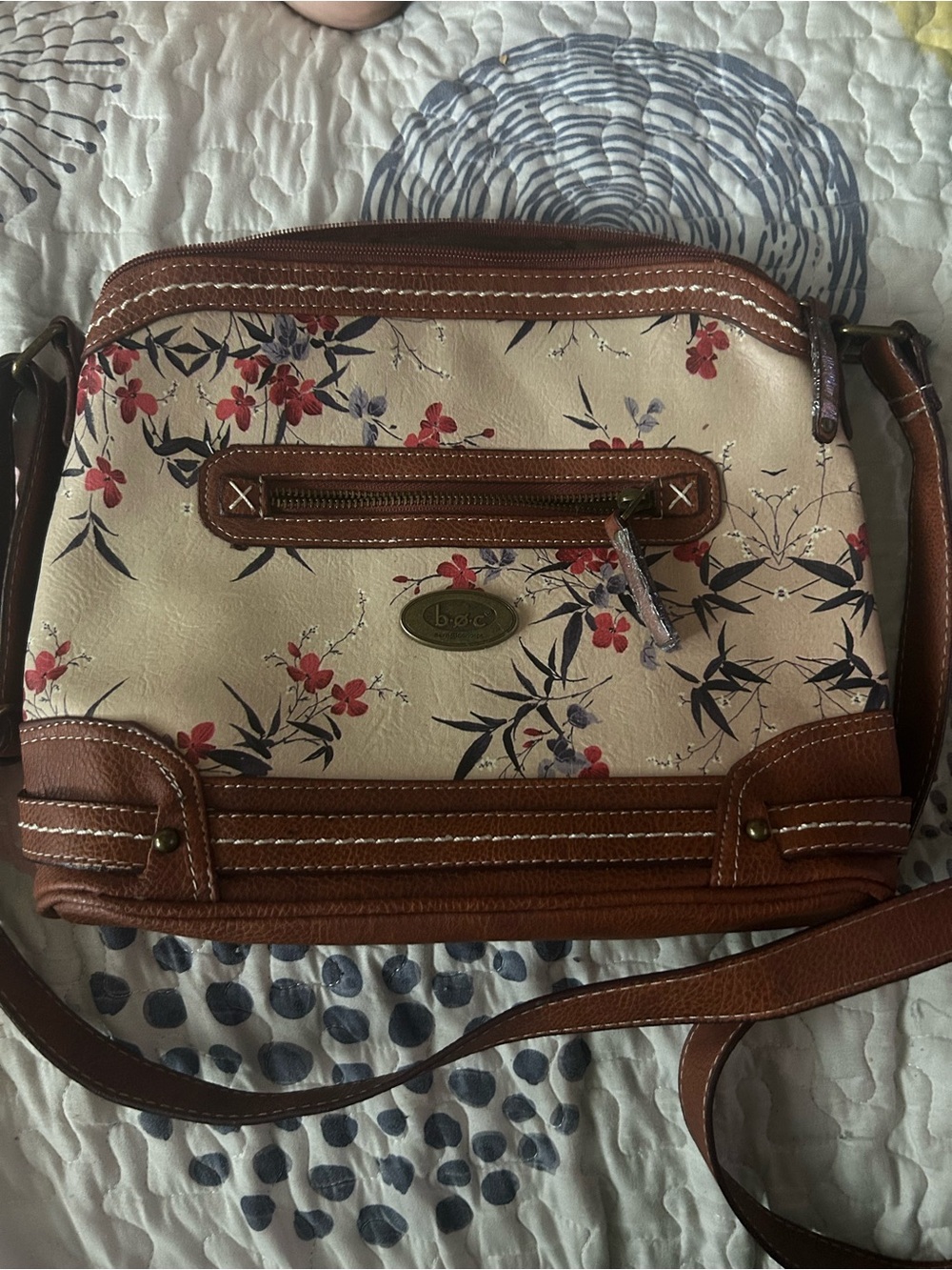 b.o.c. Floral Crossbody in Cream and Brown with Red Accents